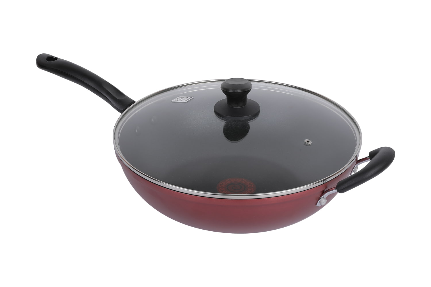 CF32C-CJ772 Flaming Wok-Se skleněným víkem s imitací tlakového odlévání tamponovým potiskem flaming red dot 32 nepřilnavý wok