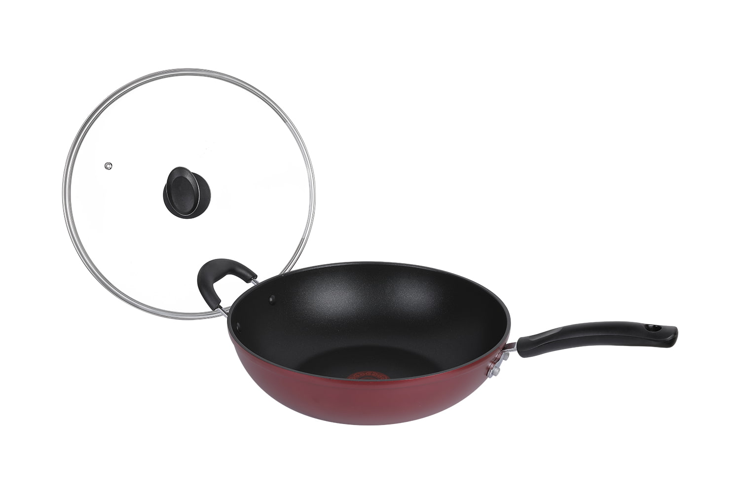 CF32C-CJ772 Flaming Wok-Se skleněným víkem s imitací tlakového odlévání tamponovým potiskem flaming red dot 32 nepřilnavý wok